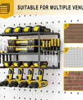 Power Tool Organizer For Wall Mounted Garage, 4 Drill Holders, Floating 3 Layer Tool Rack shown installed on pegboard wall