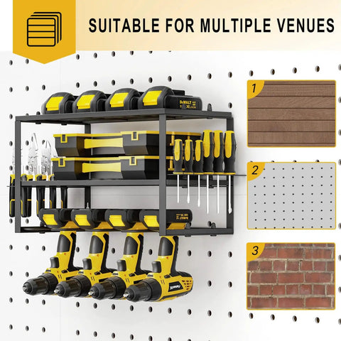 Power Tool Organizer For Wall Mounted Garage, 4 Drill Holders, Floating 3 Layer Tool Rack shown installed on pegboard wall