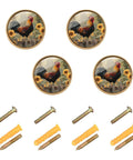 Gold Round Cabinet Knobs Set Of 4 With Stainless Steel Drawer Pulls And Mounting Screws, 1.2 Inch Dia, Farmhouse Rooster And Sunflowers Pattern