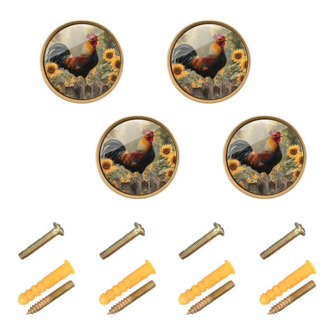 Gold Round Cabinet Knobs Set Of 4 With Stainless Steel Drawer Pulls And Mounting Screws, 1.2 Inch Dia, Farmhouse Rooster And Sunflowers Pattern