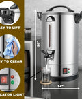 100 Cup Coffee Urn For Large Events And Catering, Industrial Coffee Dispenser With 1300W Quick Brew, Dual Wall Stainless Steel Hot Water And Tea Maker, Perfect For Weddings And Conferences, showing front view and features like easy lift handles and indicator light, with cleaning shown.