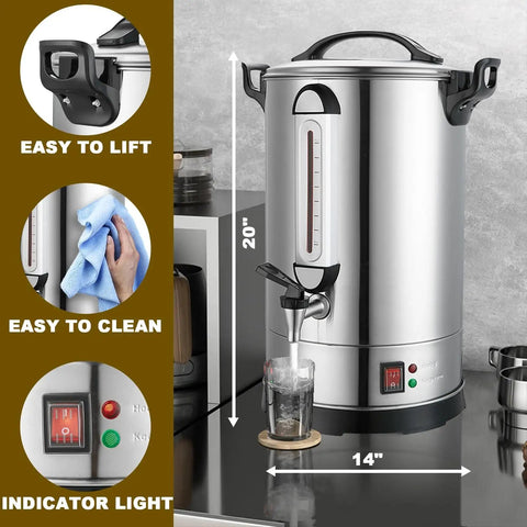100 Cup Coffee Urn For Large Events And Catering, Industrial Coffee Dispenser With 1300W Quick Brew, Dual Wall Stainless Steel Hot Water And Tea Maker, Perfect For Weddings And Conferences, showing front view and features like easy lift handles and indicator light, with cleaning shown.