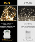 Comparison of Big 39 Feet 120 LED Battery Powered Fairy Lights with Remote and Timer, highlighting sturdiness and waterproof features.