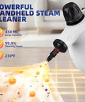 Powerful Handheld Steam Cleaner With Huge Tank And 11 Nifty Accessories For Deep Cleaning Cars Furniture Floors Kitchens Windows And More Featuring Safety Lock Plus Quick Heating Technology That Dings Out Grime Effortlessly Without Toxic Chemicals Making, showing steam action and cleaning power.