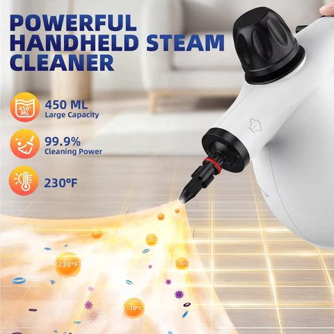 Powerful Handheld Steam Cleaner With Huge Tank And 11 Nifty Accessories For Deep Cleaning Cars Furniture Floors Kitchens Windows And More Featuring Safety Lock Plus Quick Heating Technology That Dings Out Grime Effortlessly Without Toxic Chemicals Making, showing steam action and cleaning power.