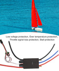 70A Waterproof Brushless ESC With Built In BEC Aluminum Alloy Body shown with RC boat background demonstrating protections