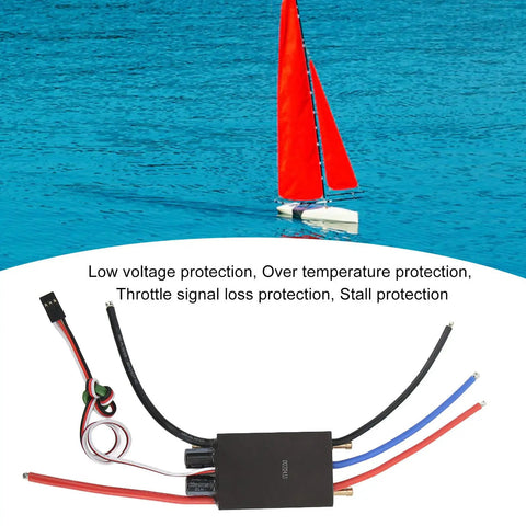 Brushless ESC 70A Waterproof With Built In BEC for RC Boats and Airships in aluminum alloy case with protection features.