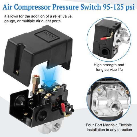 Heavy Duty Four Port Air Compressor Pressure Switch One Quarter Inch NPT 95 To 125 Psi 20 Amp 120 Volt Control Switch with visible casing