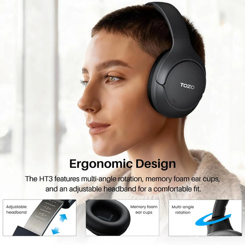 Person wearing Hybrid Noise Cancelling Wireless Over Ear Headphones With 90 Hour Battery Life Bluetooth Six Point Zero Foldable Design.