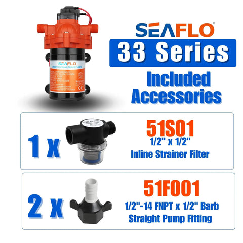 12V Diaphragm Pump Delivers 3.0 GPM At 45 PSI Self Priming Run Dry Safe includes strainer filter and pump fittings