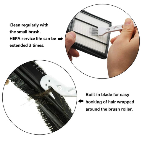 Replacement Parts Kit For Shark ION Robot AV751 AV752 AV753 showing HEPA filter maintenance and hair removal from brush