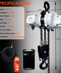 Beefy Electric Chain Hoist 2200 Lb Lift, 110V Single Phase Overhead Crane with chain and control, detailed specifications view.