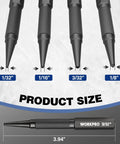 Diagram showing Cr-V Hardened Nail Punch And Center Punch Set sizes 1/32, 1/16, 3/32 inch with knurled grip for precise marking.