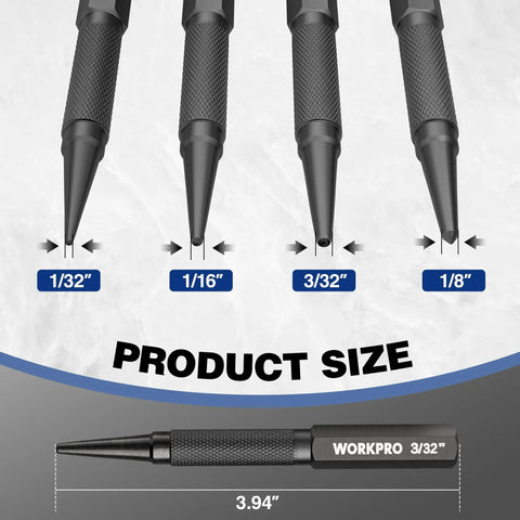 Diagram showing Cr-V Hardened Nail Punch And Center Punch Set sizes 1/32, 1/16, 3/32 inch with knurled grip for precise marking.