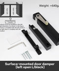 Heavy Duty Soft Close Damper For Barn Doors Runs Slick And Steady With Zero Slamming Nonsense 132 Pound Capacity Adjustable Speed For Residential Wood Sliding Track Systems in black with installation parts.
