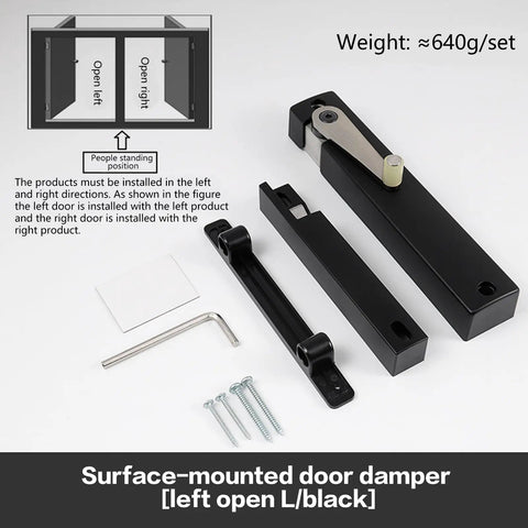 Heavy Duty Soft Close Damper For Barn Doors Runs Slick And Steady With Zero Slamming Nonsense 132 Pound Capacity Adjustable Speed For Residential Wood Sliding Track Systems in black with installation parts.