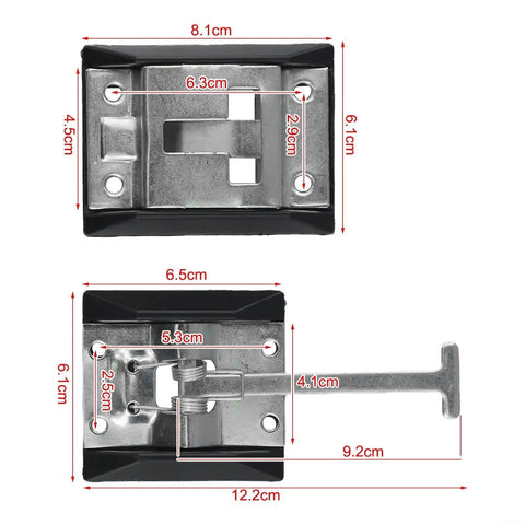 Heavy Duty Caravan Door Retaining Latch with dimensions. Stainless steel spring hook and galvanized iron catch plate.