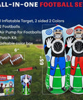 65 Inch Inflatable Football Target Net Toss Game With Double Sided Practice Target And Mini Balls Perfect For Backyard Tailgate Party Sports Toy For Kids And Adults Red Blue displayed with accessories.