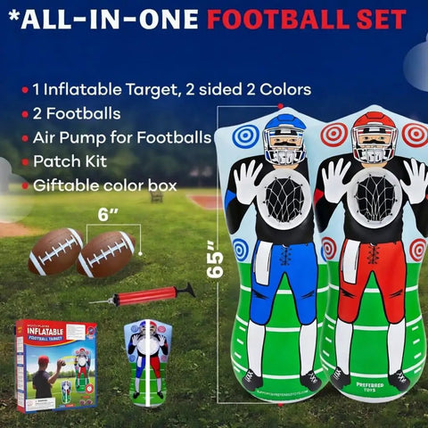 65 Inch Inflatable Football Target Net Toss Game With Double Sided Practice Target And Mini Balls Perfect For Backyard Tailgate Party Sports Toy For Kids And Adults Red Blue displayed with accessories.