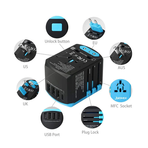 Universal USB Travel Power Adapter With Quad USB Ports And Type C For Worldwide Charging, showing multiple socket types.