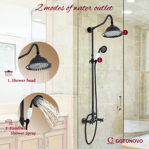 Exposed Shower Fixture With Two Cross Handles For A No Fuss Two In One Shower Setup Including 8 Inch Rain Showerhead Handheld Spray And 12 Inch Extension Tube In Oil Rubbed Bronze with dual outlets in bathroom