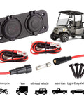 Golf Cart Cigarette Lighter Outlet With Quick Charge 3.0 USB Charger Waterproof 12V Input Power Socket Dual USB Ports Panel Mount Adapter Universal For EZGO Club Car Yamaha Models showing components and golf cart.