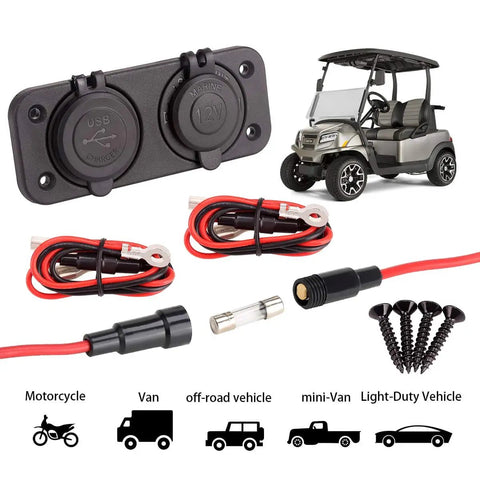 Golf Cart Cigarette Lighter Outlet With Quick Charge 3.0 USB Charger Waterproof 12V Input Power Socket Dual USB Ports Panel Mount Adapter Universal For EZGO Club Car Yamaha Models showing components and golf cart.
