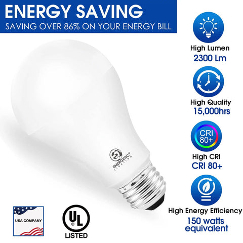 Super Bright A21 LED Bulb 150 Watt Equivalent, 2300 Lumens Soft White 2700K, shown with energy-saving features