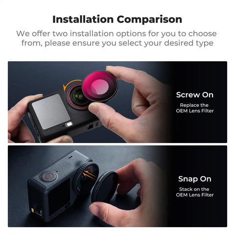 Comparison of screw-on and snap-on installations for ND And CPL Filter Kit For Osmo Action 5 Pro And Osmo Action 4.