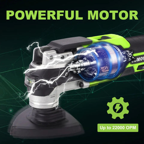 Close-up of Cordless Oscillating Tool Kit With 20V Battery, showing powerful motor and up to 22000 OPM.