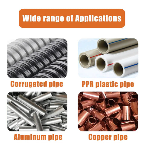 Image showing wide range of applications of the 2 In 1 Ratcheting Pipe Cutter For Tight Spaces with various pipe types.