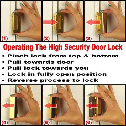 Step-by-step instruction for using Door Reinforcement Lock For Inswing Doors, Extra Security Against Kick Ins, Bronze Finish