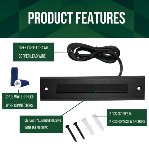 Set Of 6 Low Voltage LED Linear Step Lights 9 To 15V AC DC 2W Landscape Riser Lighting For Outdoor Steps Waterproof Die Cast Aluminum With Black Powder Coat Finish showing features and accessories