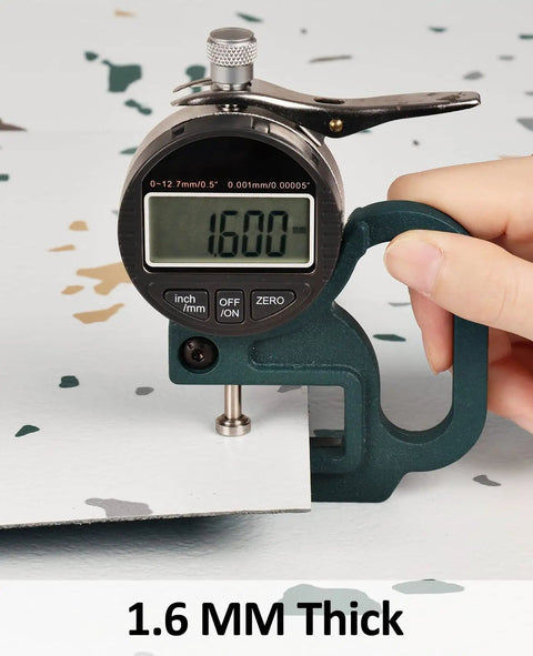 Measurement showing 1.6mm thickness on Waterproof Peel And Stick Terrazzo Floor Tiles 20 Pack 12X12 Inch Vinyl Flooring