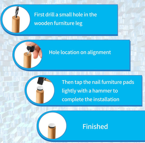 Instructions for installing 40 Pack Nail On Furniture Glides 18mm Nylon Chair Sliders on wooden furniture legs.