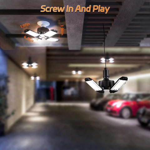 Hella Bright 120W LED Garage Light With Four In One Deformable Panels 12000LM 6500K Daylight E26 E27 installed in garage ceiling