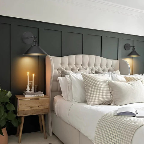 Vintage Wireless Battery Operated Wall Sconces Set Of Two, Dimmable Led Wall Lights With Nifty Remote, Zero Wire Fuss Black Indoor Fixtures For Bedroom Living Room And Hallway, Flat Out Chic Glow above a bed with decorative pillows.