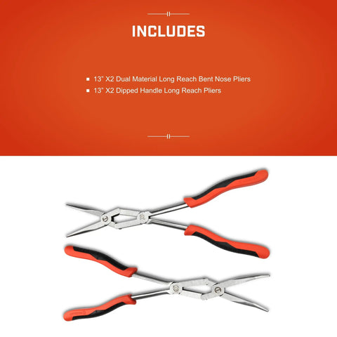 Two Piece Long Nose Pliers Set with Straight and Bent Tips, Dual Material Grips, Long Reach Design, Ideal for Tight Spaces