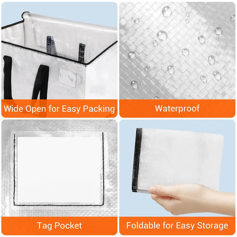 Clear Heavy Duty Moving Bags 4 Pack With Zipper, showing wide opening, waterproof material, tag pocket, folded for storage.