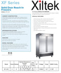 Rock Solid All Stainless Steel Two Door Reach In Commercial Freezer, 49 Cu Ft Capacity with six shelves and stainless steel finish.