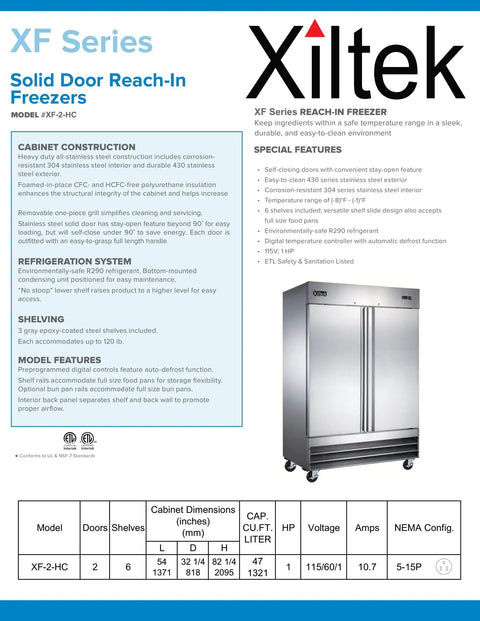 Rock Solid All Stainless Steel Two Door Reach In Commercial Freezer, 49 Cu Ft Capacity with six shelves and stainless steel finish.