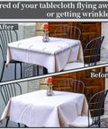 Before and after of tablecloth secured with 12 Pack Tablecloth Clips Stainless Steel Heavy Duty Clamps For Tables Fits Up To 1.7 Inch Thick Tables Value Pack Great For Picnics Parties Weddings Marquees Restaurants Graduation Home Kitchen Use
