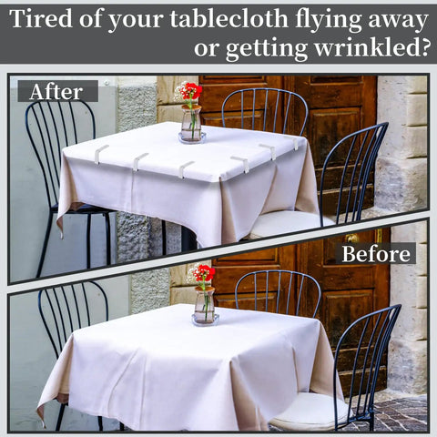 Before and after of tablecloth secured with 12 Pack Tablecloth Clips Stainless Steel Heavy Duty Clamps For Tables Fits Up To 1.7 Inch Thick Tables Value Pack Great For Picnics Parties Weddings Marquees Restaurants Graduation Home Kitchen Use