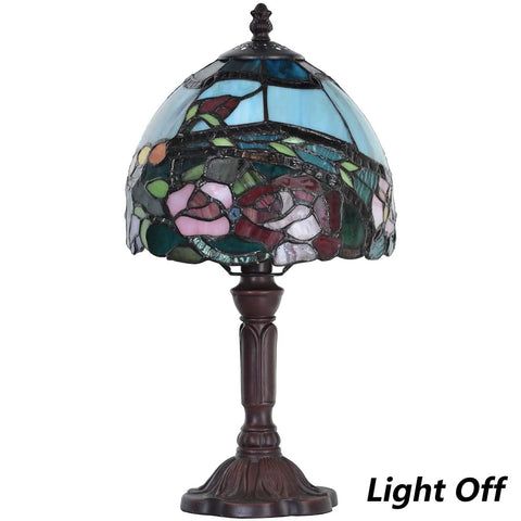 Rose Flower Tiffany Style Stained Glass Table Lamp with 8 Inch Wide Lampshade and 15 Inch Tall Red Finish, Light Off