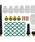 Pro Grade TIG Welding Torch Accessories Kit with gas lens, quartz nozzles, clear glass cups, collet bodies, and O-rings for SR WP 9/20/25