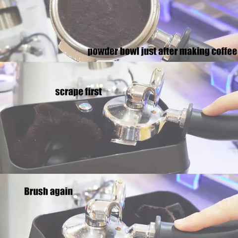 Automatic Electric Portafilter Cleaner And Knock Box For 58mm Espresso Handles cleaning spent coffee grounds from a portafilter.