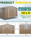 10x8 Foot Outdoor Storage Shed With Large Window Durable Metal Construction Sloped Roof Air Vents And Two Lockable Sliding Doors