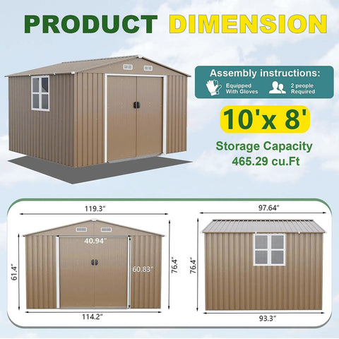 10x8 Foot Outdoor Storage Shed With Large Window Durable Metal Construction Sloped Roof Air Vents And Two Lockable Sliding Doors