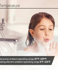 Child playing in bubbles demonstrating temperature range for Heavy Duty 50 Gallon Electric Hybrid Heat Pump Water Heater.