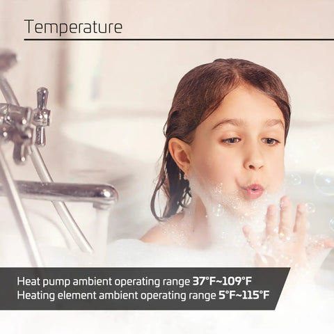 Child playing in bubbles demonstrating temperature range for Heavy Duty 50 Gallon Electric Hybrid Heat Pump Water Heater.